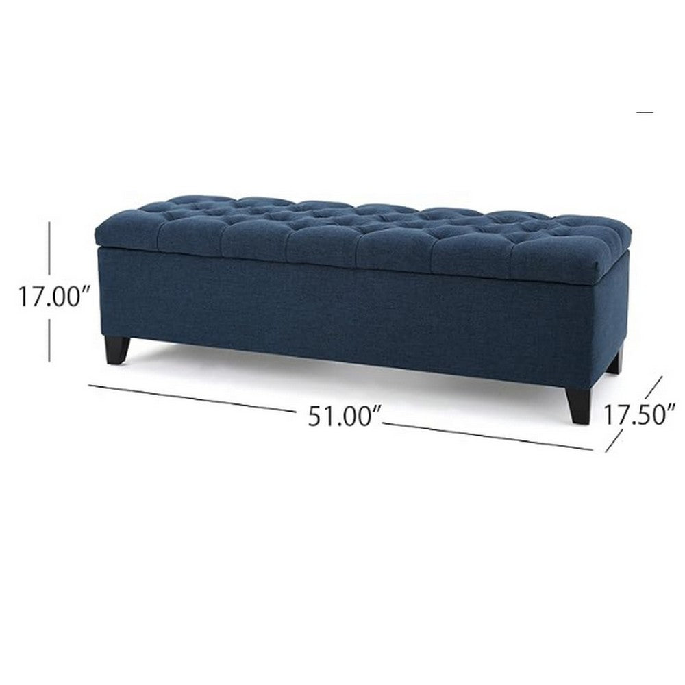 Elias Storage Bench, 51 Inch Button Tufted Blue Velvet, Solid Wood - BM324477