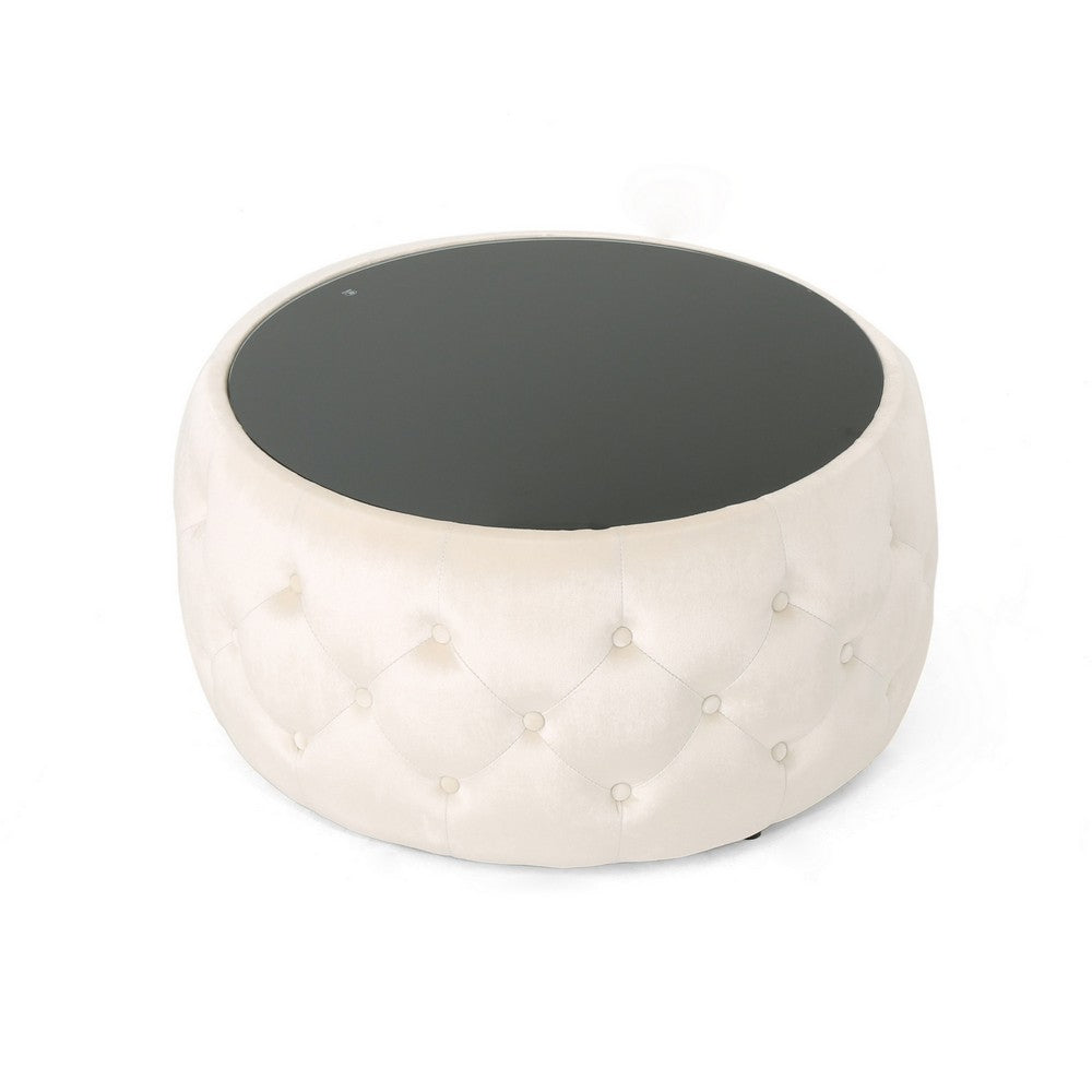 Ottoman Coffee Table, Beige Tufted Velvet, 30 Inch Round Glass Top - BM324486