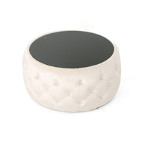 Ottoman Coffee Table, Beige Tufted Velvet, 30 Inch Round Glass Top - BM324486