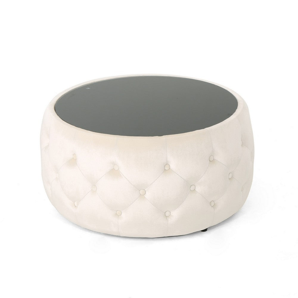 Ottoman Coffee Table, Beige Tufted Velvet, 30 Inch Round Glass Top - BM324486
