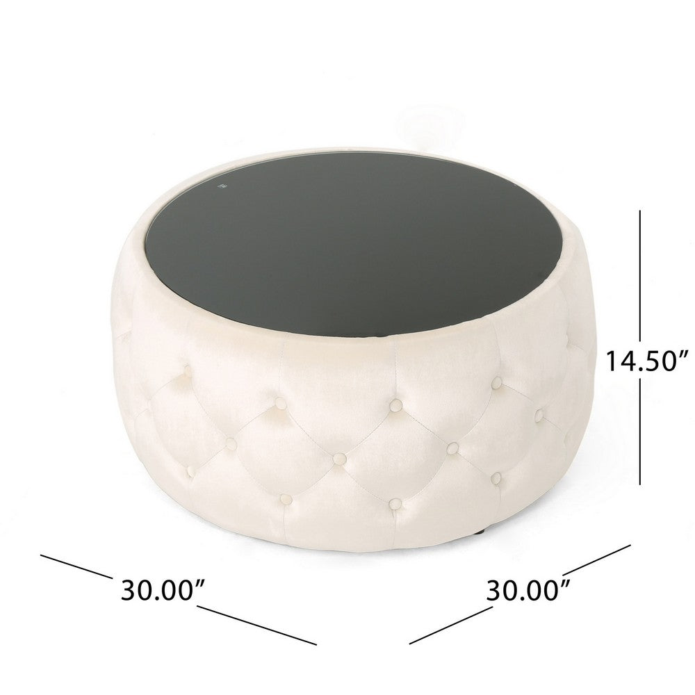 Ottoman Coffee Table, Beige Tufted Velvet, 30 Inch Round Glass Top - BM324486