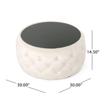 Ottoman Coffee Table, Beige Tufted Velvet, 30 Inch Round Glass Top - BM324486