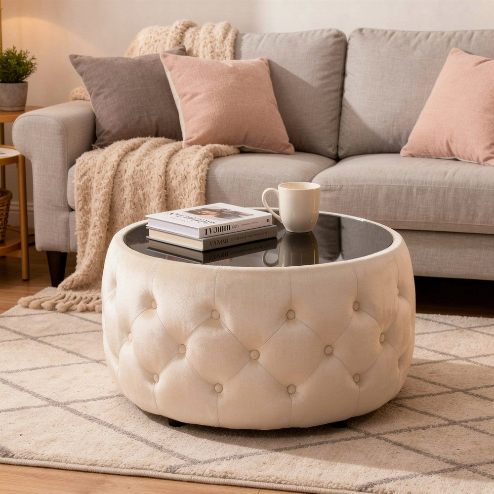 Ottoman Coffee Table, Beige Tufted Velvet, 30 Inch Round Glass Top - BM324486