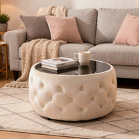 Ottoman Coffee Table, Beige Tufted Velvet, 30 Inch Round Glass Top - BM324486