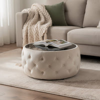 Ottoman Coffee Table, Beige Tufted Velvet, 30 Inch Round Glass Top - BM324486