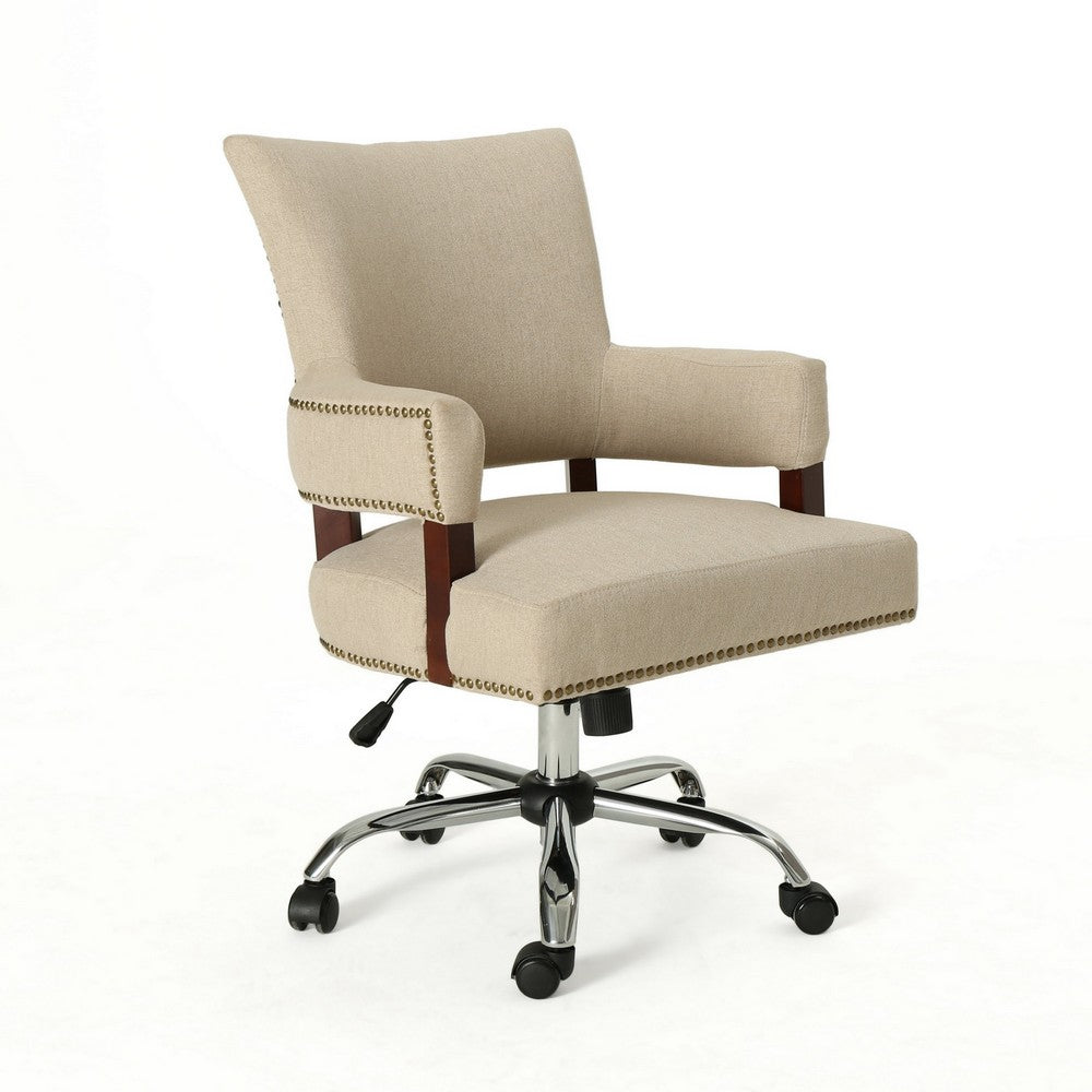 Lini Rolling Office Chair, Beige, Nailhead Trim, Swivel, Chrome Metal - BM324487