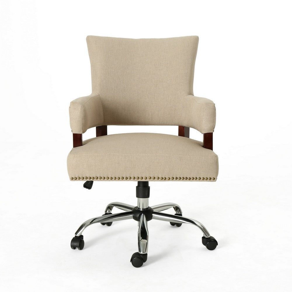 Lini Rolling Office Chair, Beige, Nailhead Trim, Swivel, Chrome Metal - BM324487