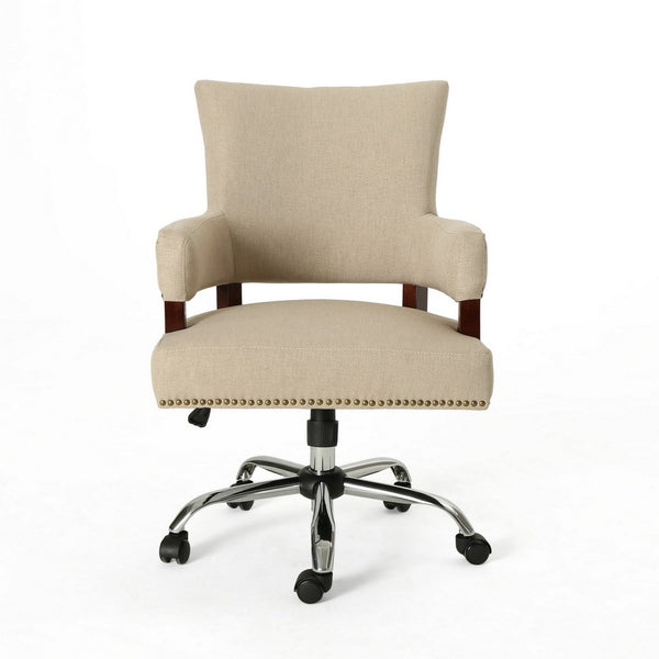 Lini Rolling Office Chair, Beige, Nailhead Trim, Swivel, Chrome Metal - BM324487
