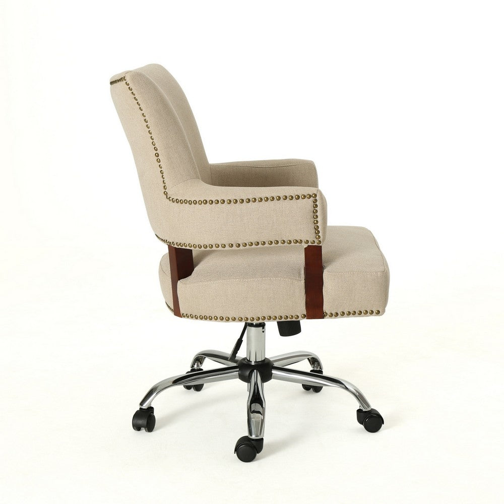 Lini Rolling Office Chair, Beige, Nailhead Trim, Swivel, Chrome Metal - BM324487