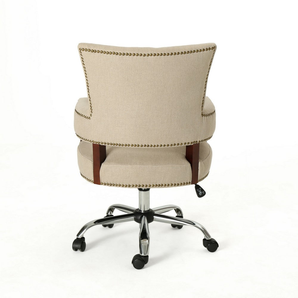 Lini Rolling Office Chair, Beige, Nailhead Trim, Swivel, Chrome Metal - BM324487