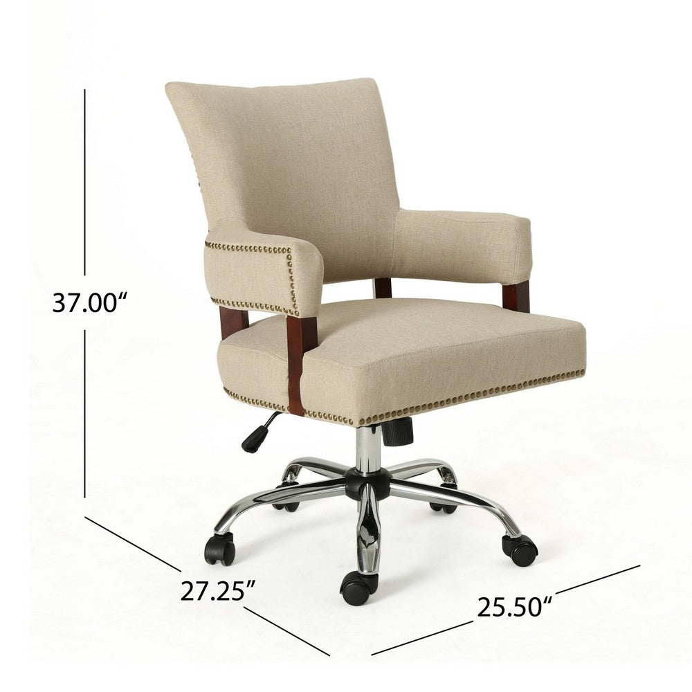 Lini Rolling Office Chair, Beige, Nailhead Trim, Swivel, Chrome Metal - BM324487