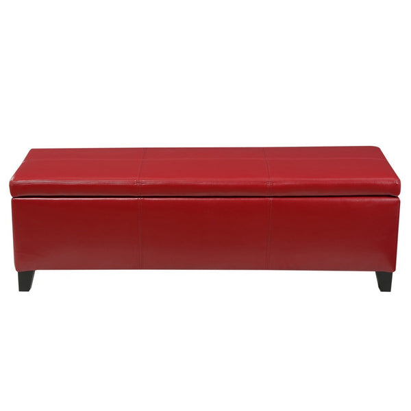 Elias Storage Ottoman Bench, 51 Inch Plush Cherry Red Faux Leather - BM324488