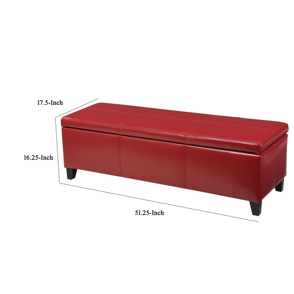 Elias Storage Ottoman Bench, 51 Inch Plush Cherry Red Faux Leather - BM324488