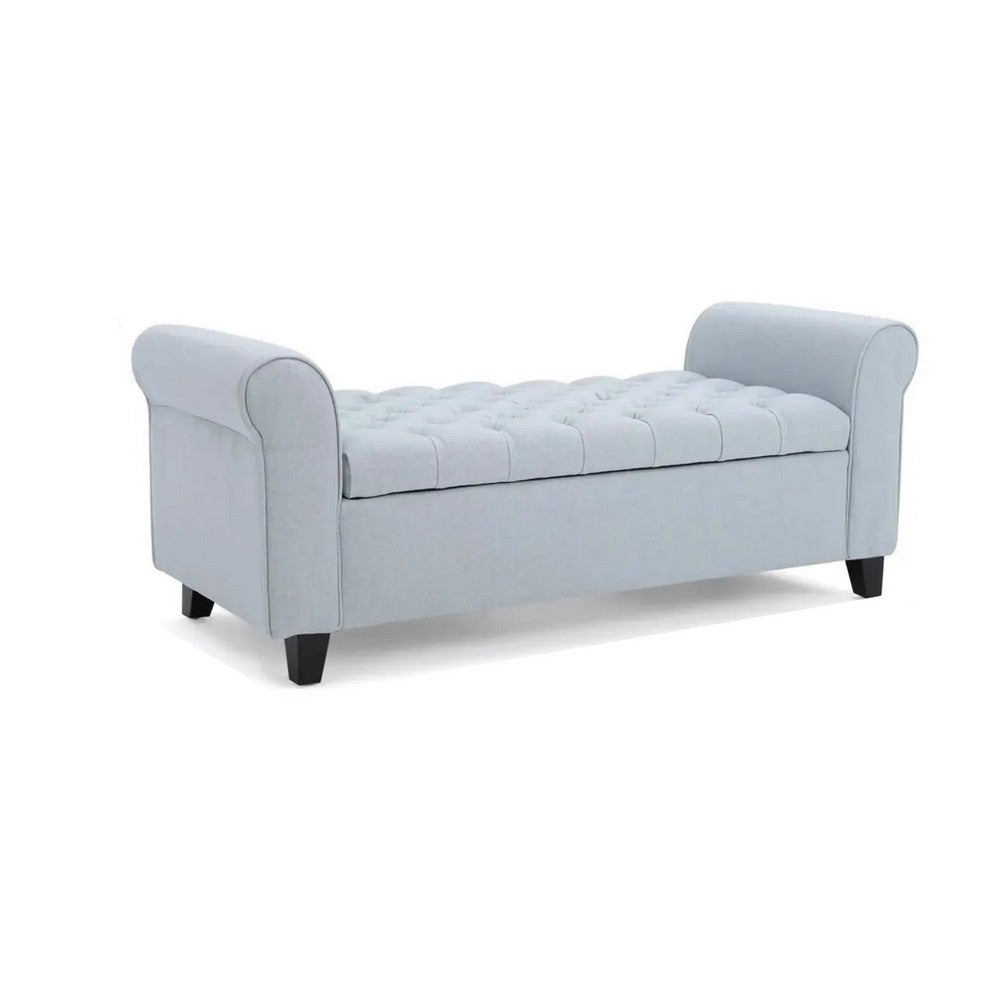 Storage Ottoman Bench, 50 Inch Light Blue, Rolled Arms, Black Wood - BM324491