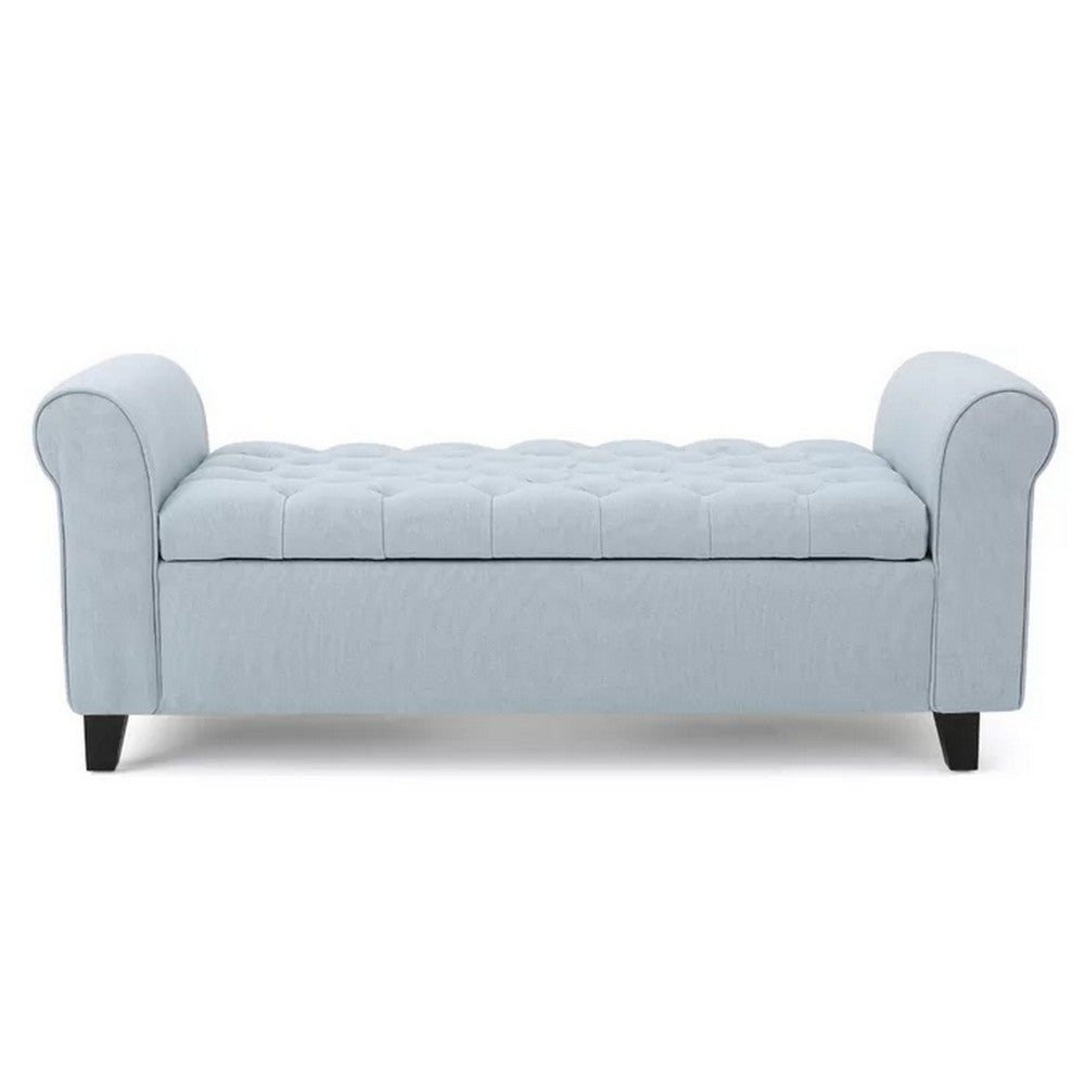 Storage Ottoman Bench, 50 Inch Light Blue, Rolled Arms, Black Wood - BM324491