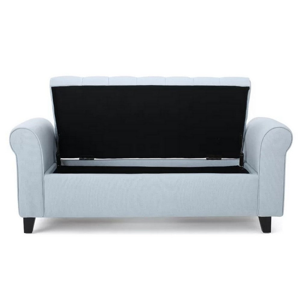 Storage Ottoman Bench, 50 Inch Light Blue, Rolled Arms, Black Wood - BM324491