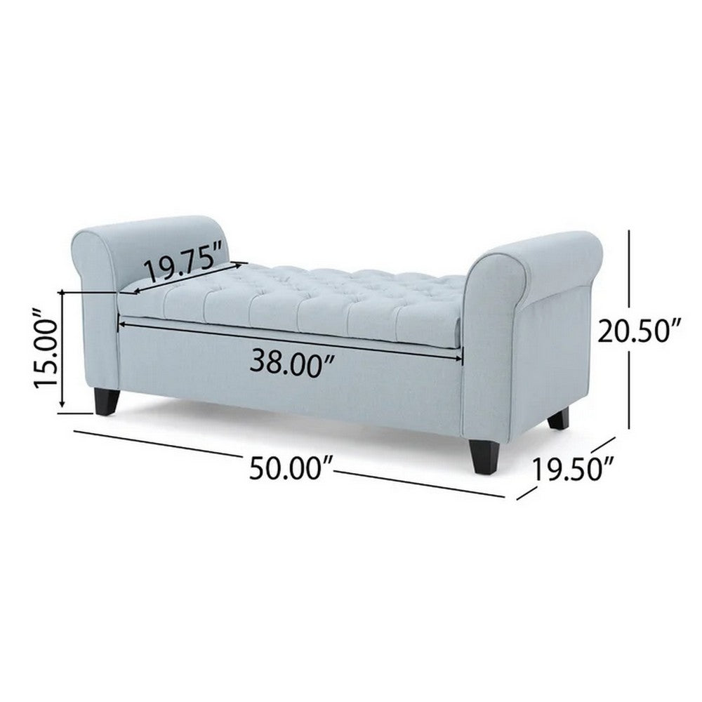 Storage Ottoman Bench, 50 Inch Light Blue, Rolled Arms, Black Wood - BM324491