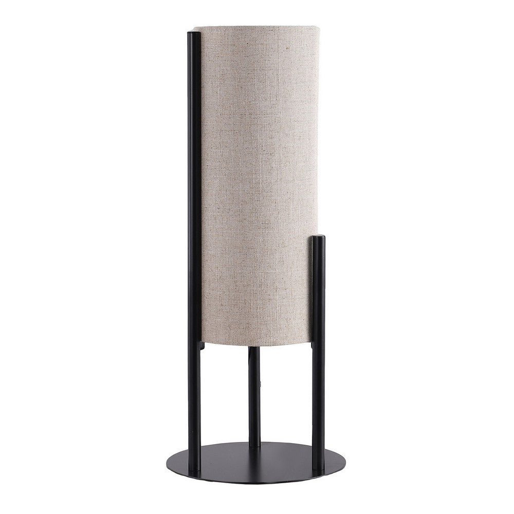 Modern Table Lamp, Upright Beige Linen Drum Shade, Black Metal 22 Inch