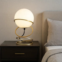 Table Lamp, White Glass Globe, 4 Spiral Ring Accented Base 14 Inch -BM324494