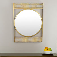 Zine Wall Mirror Decor, Round Glass, Woven Border, 19 x 27 Gold Metal -BM324519