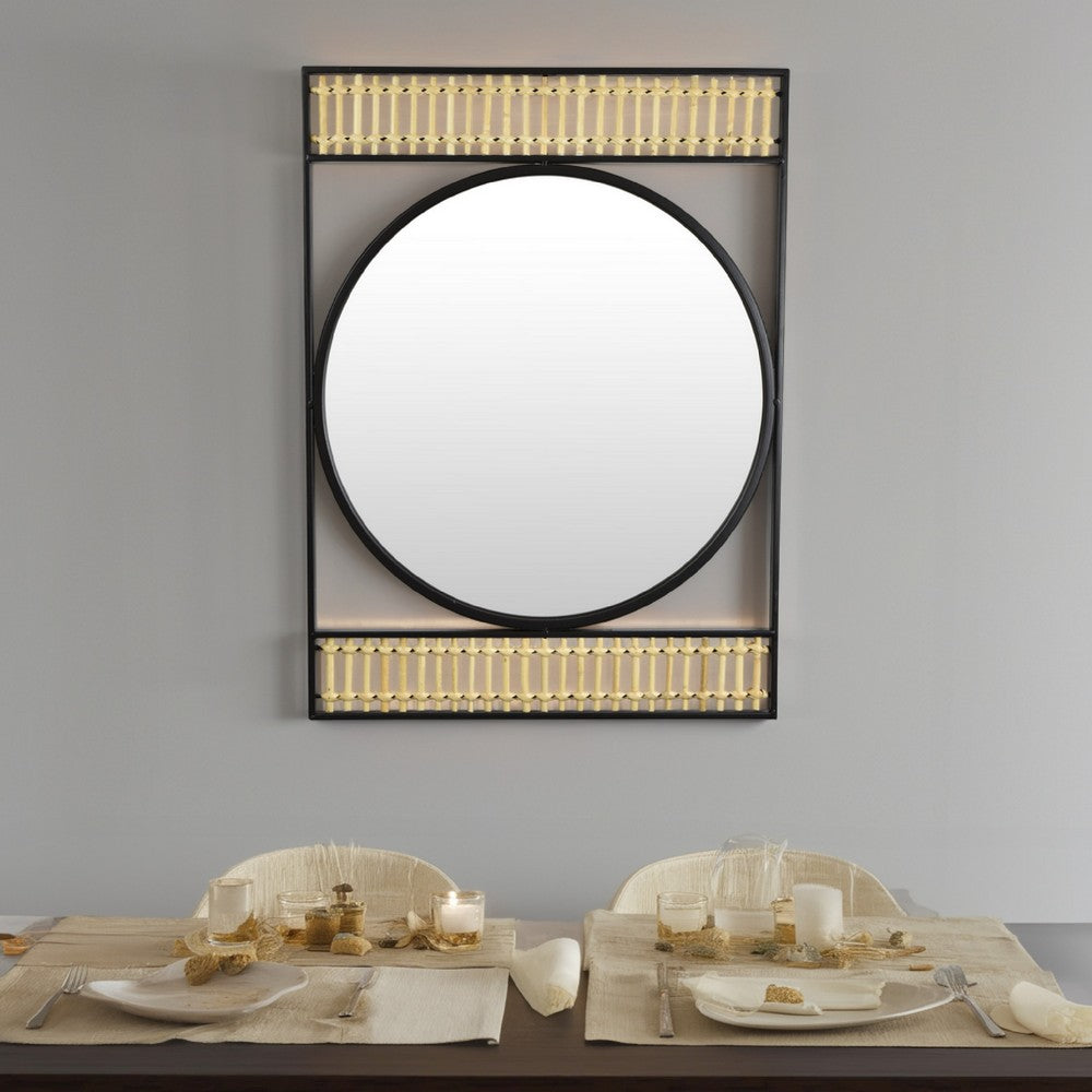 Zine Mirror Wall Decor, Round Glass, Woven Border, 19 x 27 Black Metal -BM324520