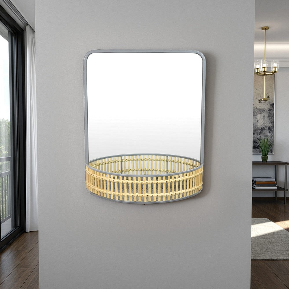 Elpis Wall Mirror Decor with Woven Shelf,  20 Inch Tall, Gray Metal -BM324521