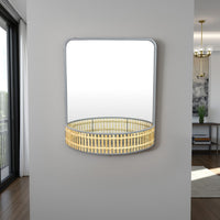 Elpis Wall Mirror Decor with Woven Shelf,  20 Inch Tall, Gray Metal -BM324521