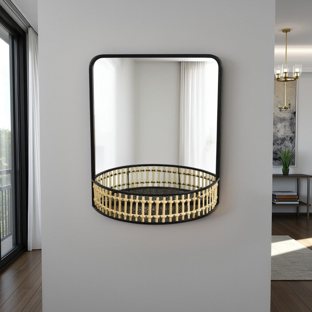 Elpis Wall Mirror Decor with Woven Shelf, 20 Inch Tall Black Metal -BM324522