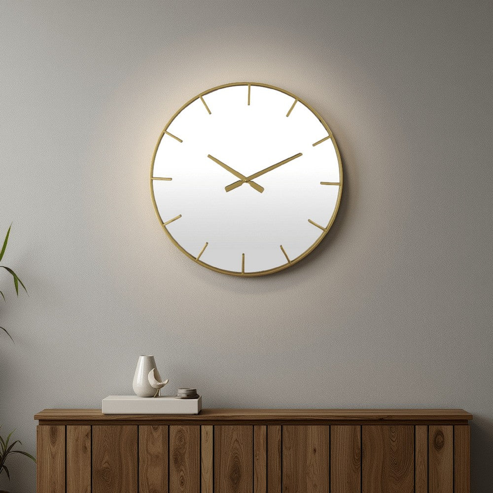 benzara Round Wall Clock with Mirror Finished Face 24 Inch Gold Metal Frame -BM324545