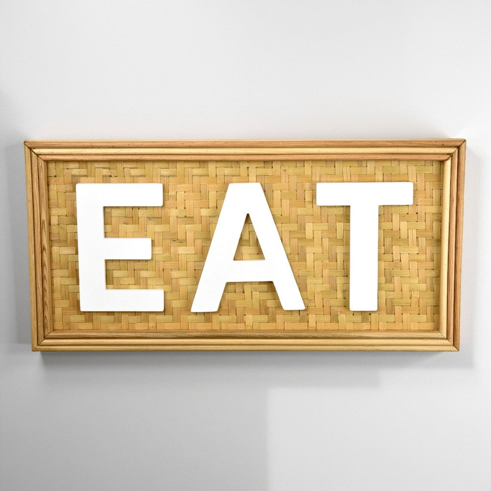 Eat Wall Decor Sign, 24 Inch Brown Wood Background, White Woven -BM324548