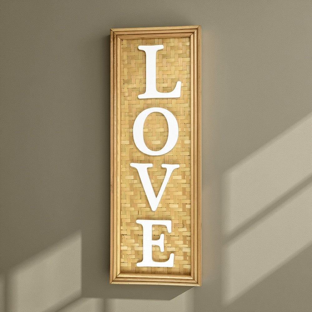 Love Wall Decor Sign, 10x28 Inch Brown Wood Background, White Woven -BM324549