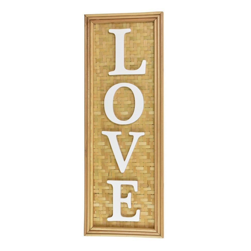 benzara Love Wall Decor Sign 10x28 Inch Brown Wood Background White Woven -BM324549