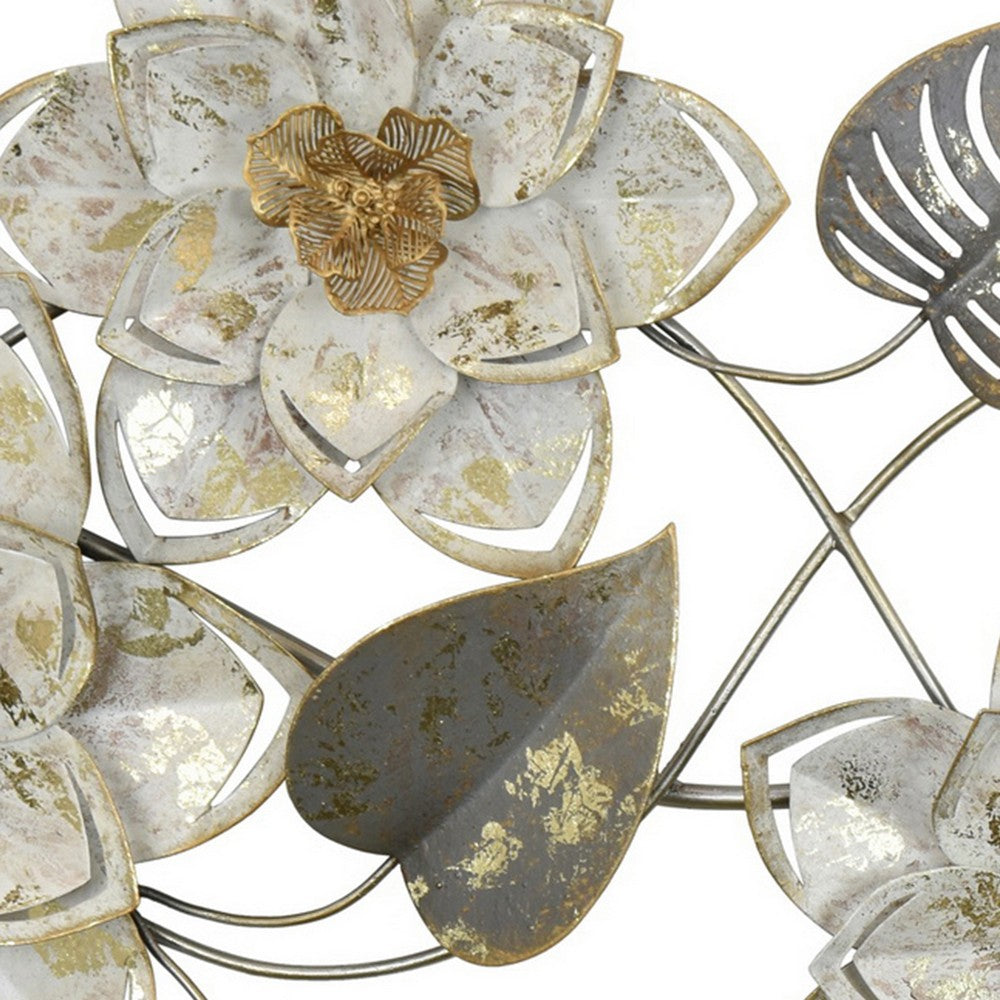Floral Wall Decor with Gold Petals, Silver Leaves, 28 Inch White Metal -BM324555