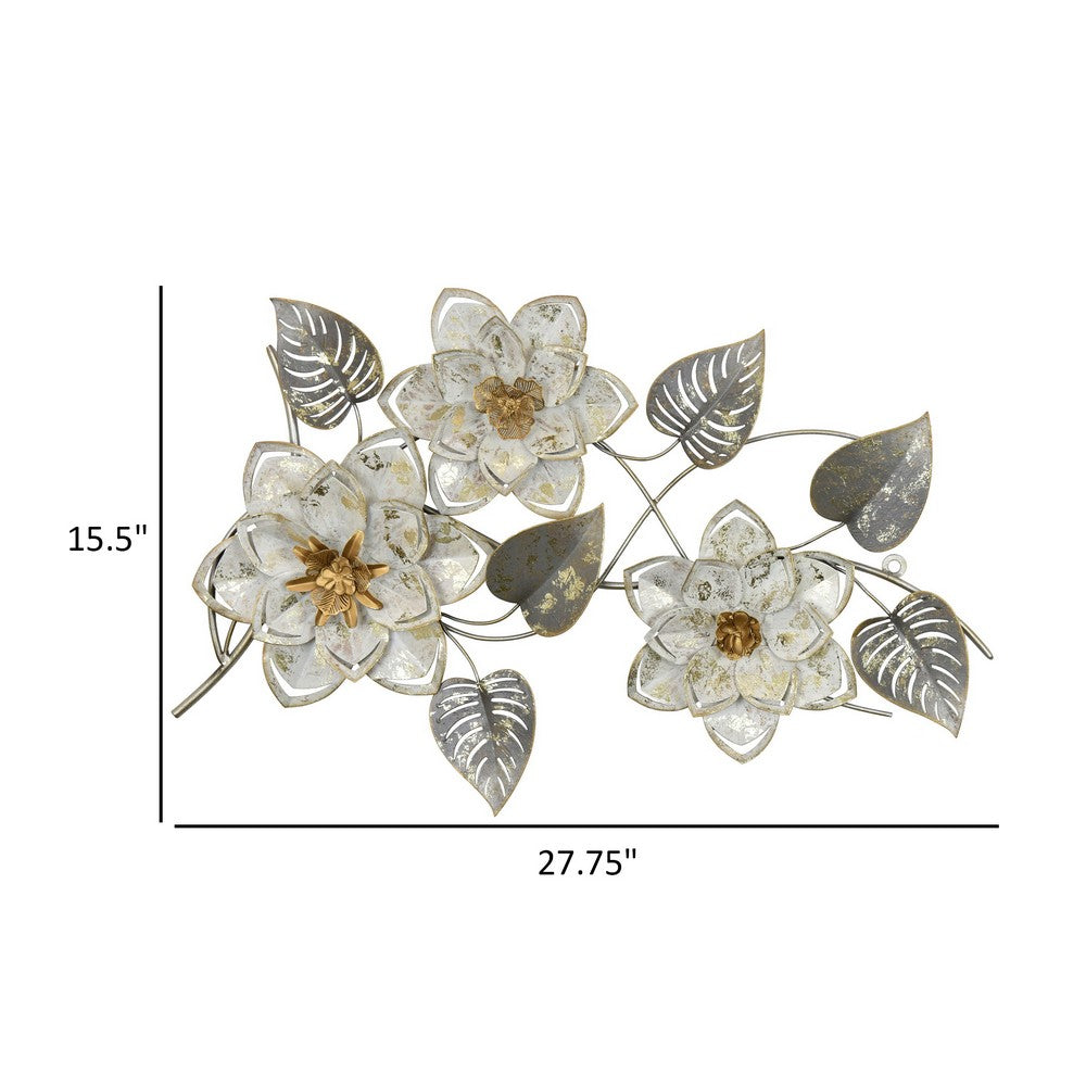 Floral Wall Decor with Gold Petals, Silver Leaves, 28 Inch White Metal -BM324555