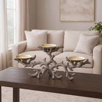 Coral Decor with 3 Round Candle Holders, Natural Silver Resin, 21 Inch -BM324572