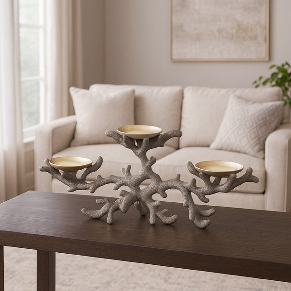 Coral Decor with 3 Round Candle Holders, Natural Silver Resin, 21 Inch -BM324572