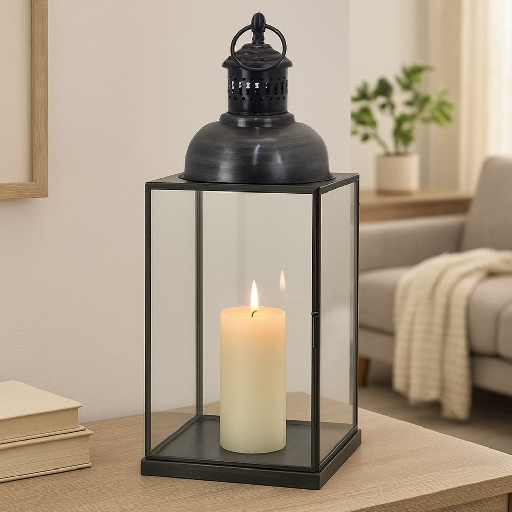 Laila Lantern, Black Metal, Glass Panels, Square Base, 20 Inch Tall -BM324607