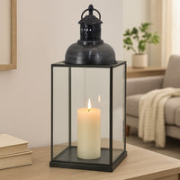 Laila Lantern, Black Metal, Glass Panels, Square Base, 18 Inch Tall -BM324608