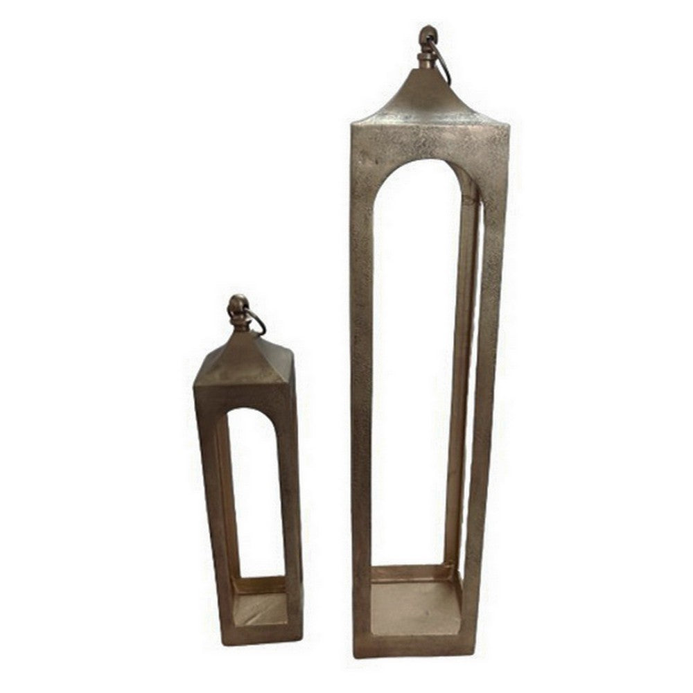 Akira Tabletop Candle Holder Lantern Set of 2, Gold Metal, Top Hook -BM324614