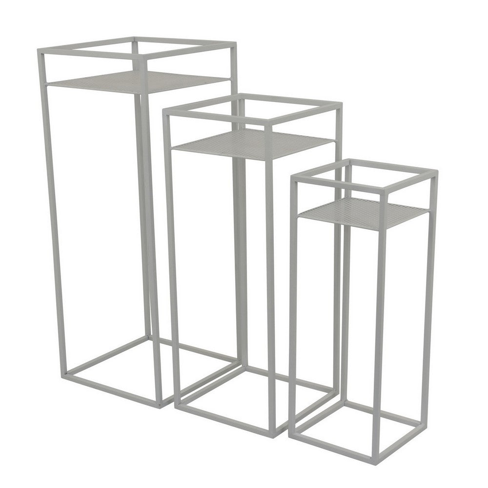 Sano Plant Stand Table Set of 3, Mesh Pattern, White Metal, Square -BM324629