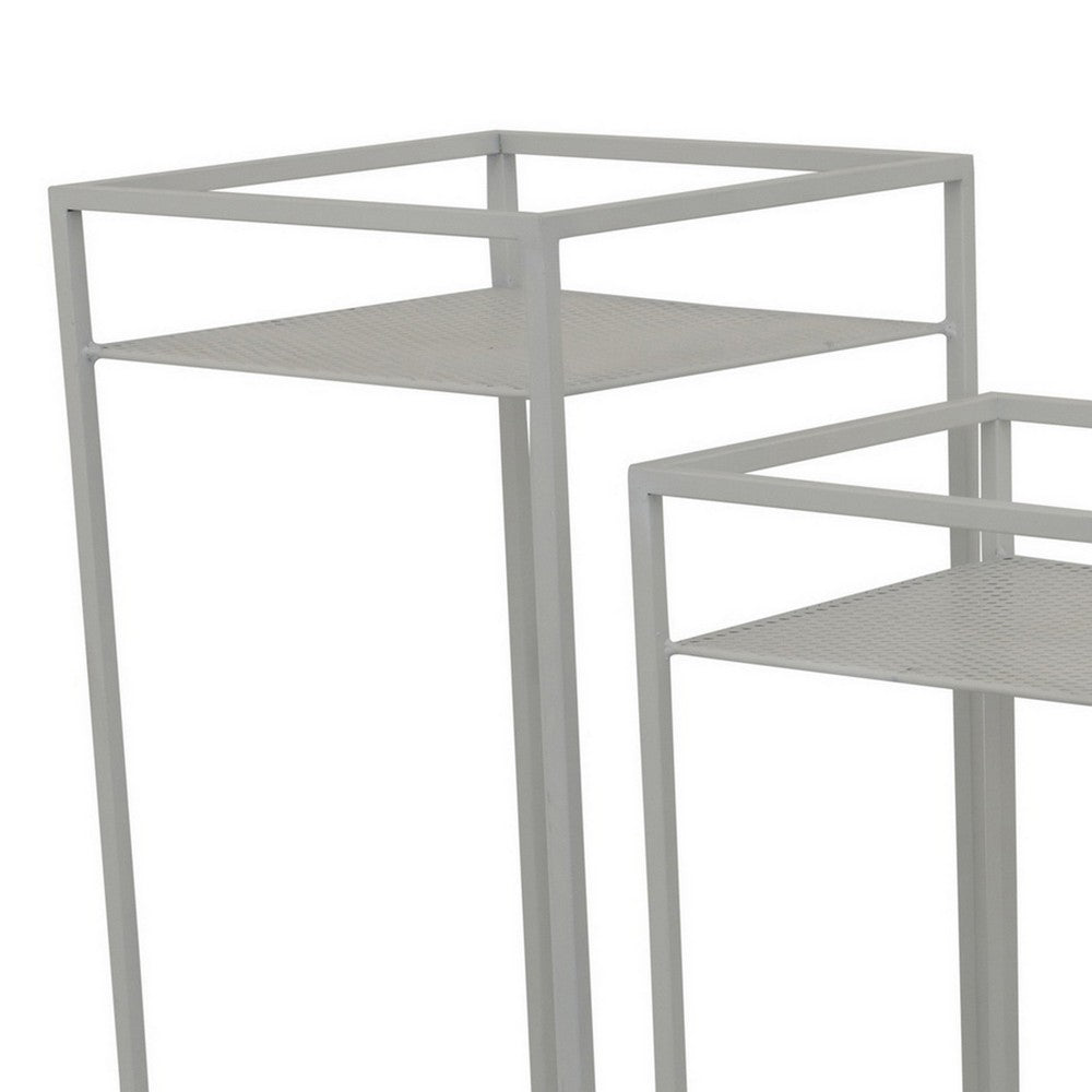 Sano Plant Stand Table Set of 3, Mesh Pattern, White Metal, Square -BM324629