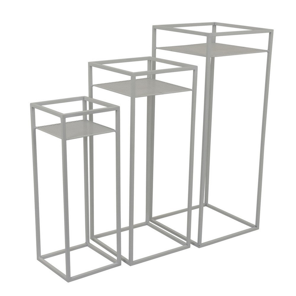 Sano Plant Stand Table Set of 3, Mesh Pattern, White Metal, Square -BM324629