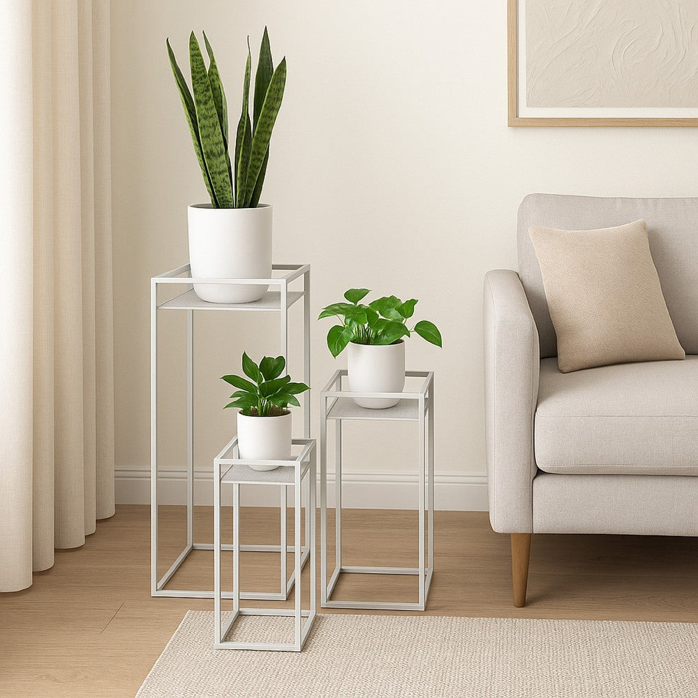 Sano Plant Stand Table Set of 3, Mesh Pattern, White Metal, Square -BM324629