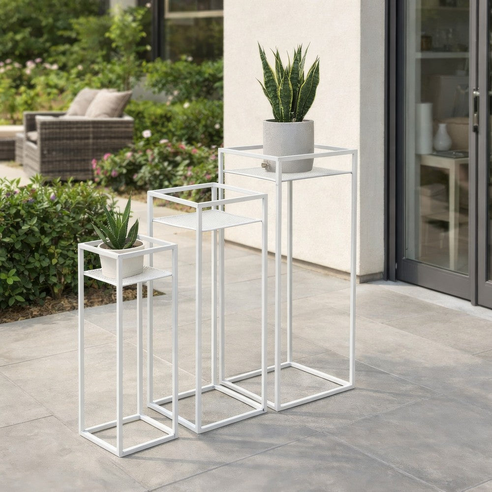 Sano Plant Stand Table Set of 3, Mesh Pattern, White Metal, Square -BM324629