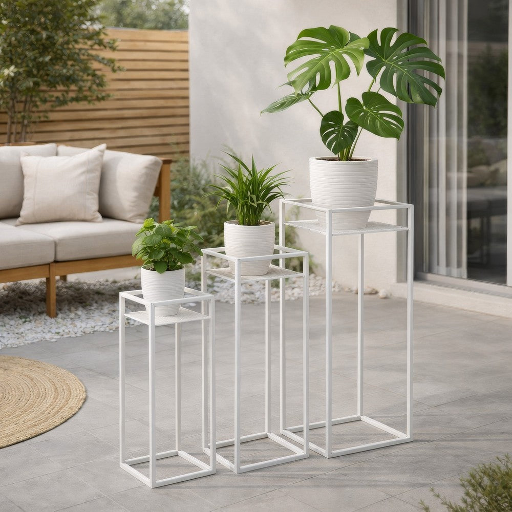Sano Plant Stand Table Set of 3, Mesh Pattern, White Metal, Square -BM324629