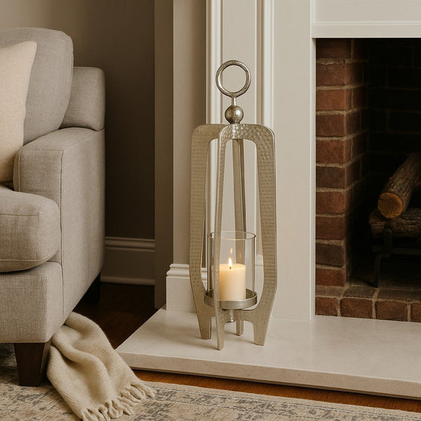 Brie Candle Holder Lantern, 27 Inch, Silver Metal Frame, Glass Shade -BM324636