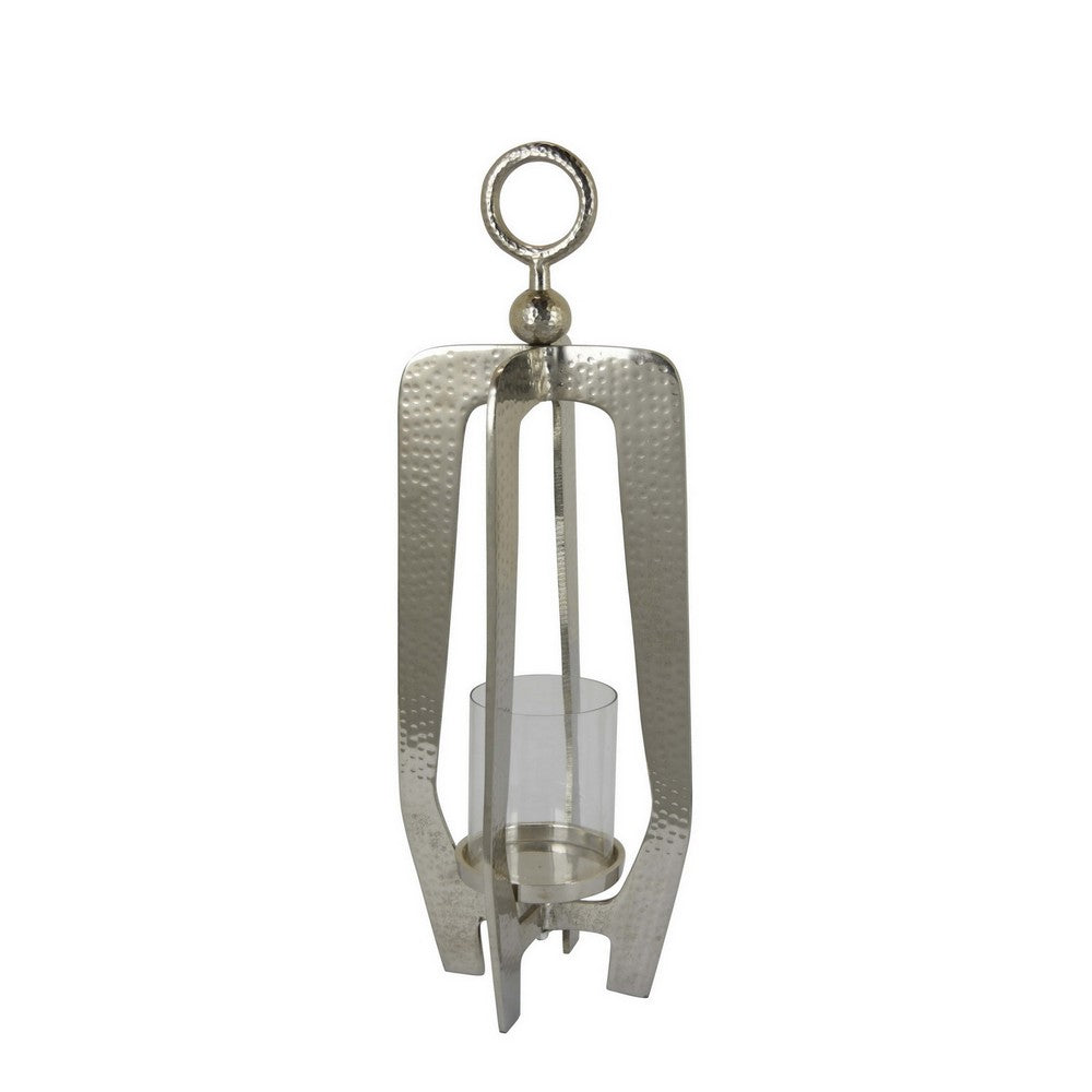 benzara Brie Candle Holder Lantern 23 Inch Silver Metal Frame Glass Shade -BM324637