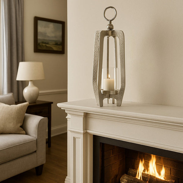 Brie Candle Holder Lantern, 23 Inch, Silver Metal Frame, Glass Shade -BM324637