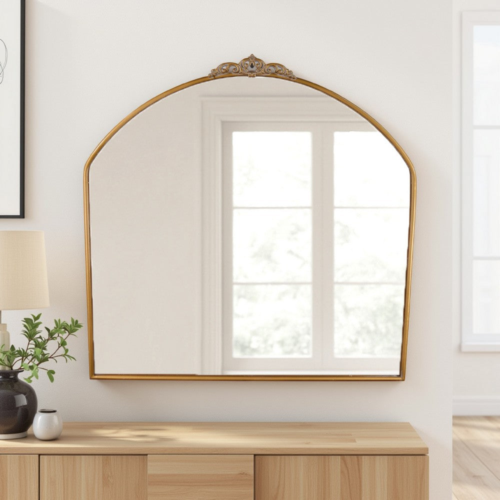 Curved Accent Wall Mirror, Scrolled Details, 36 Inch, Gold Metal Frame -BM324659
