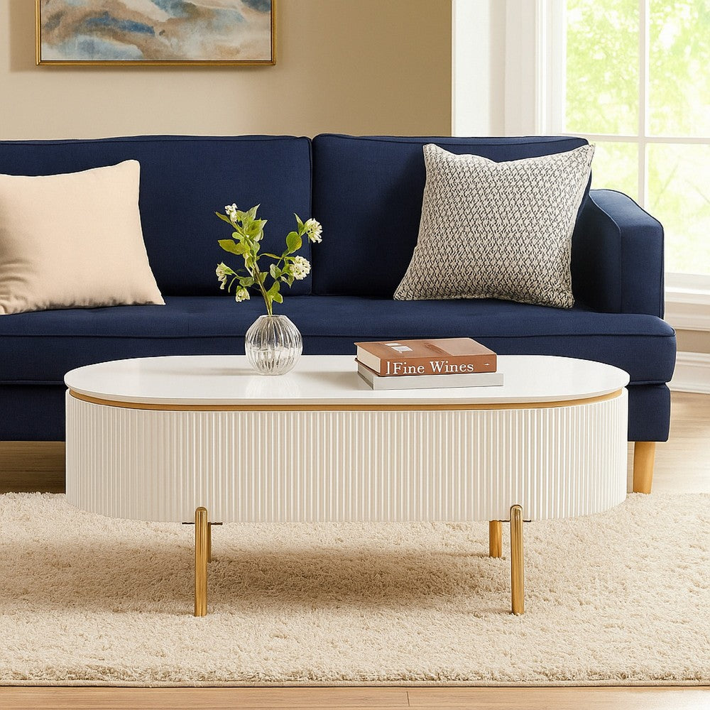 Tyce Oval Coffee Table with Drawer, 47 Inch, Glossy White, Gold Metal -BM324667